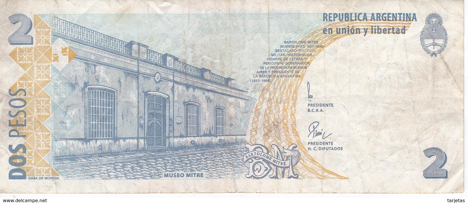 BILLETE DE ARGENTINA DE 2 PESOS CONVERTIBLES - BARTOLOME MITRE (BANKNOTE) - Argentina