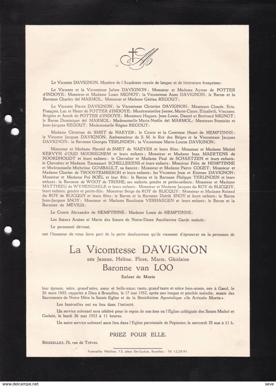 GAND BRUXELLES Jeanne Baronne VAN LOO Vicomtesse DAVIGNON 1885-1952 Faire-part Mortuaire 2 Volets Complets - Décès