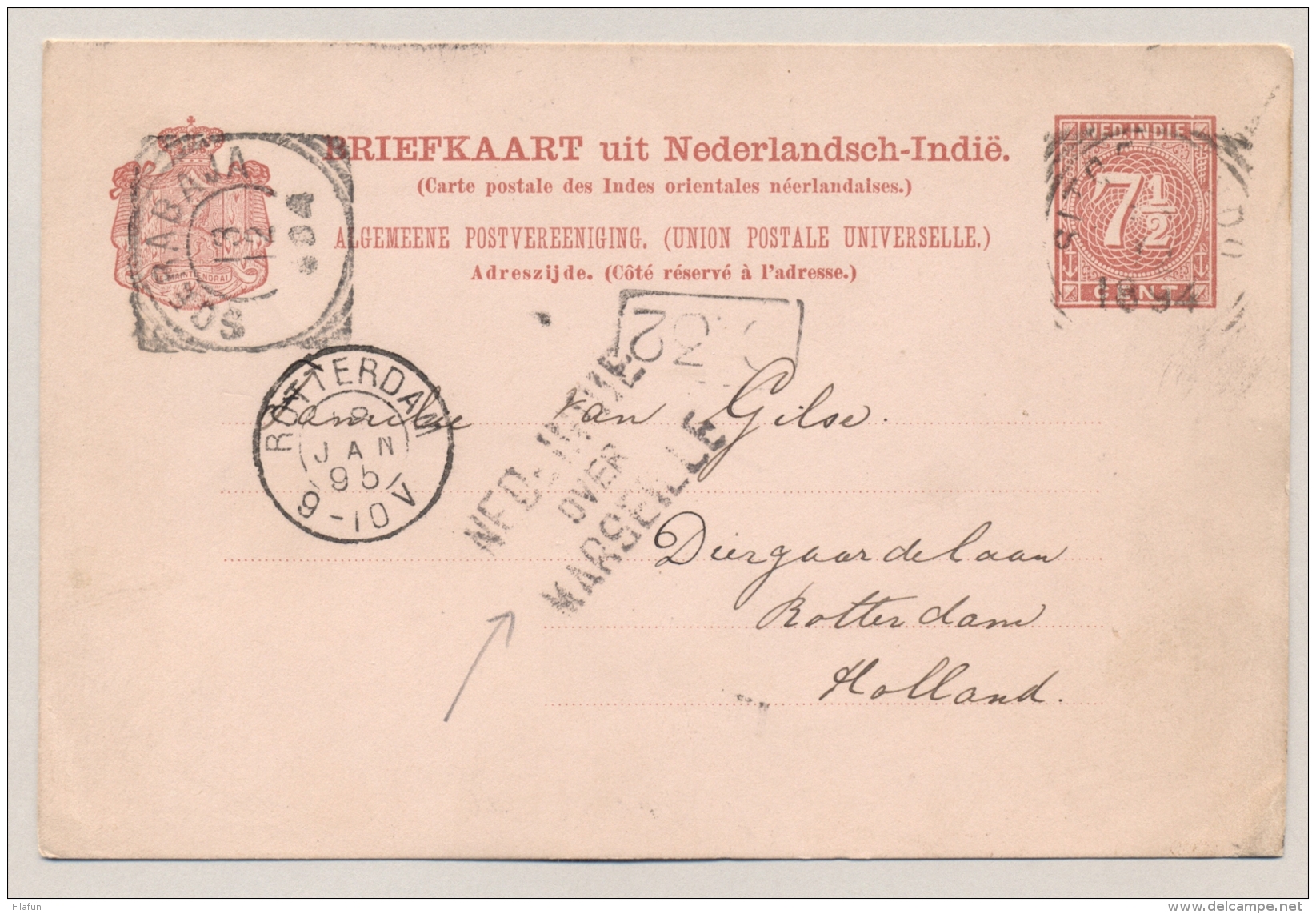 Nederlands Indië - 1894 - 7,5 Cent Briefkaart Van Sitoebondo "Over Marseille" Naar Rotterdam / NL - Nederlands-Indië