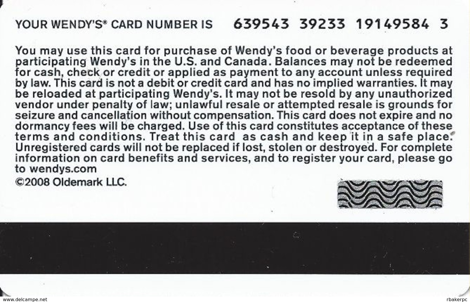 Wendy's Gift Card - White Back - Copyright 2008 - Gift Cards