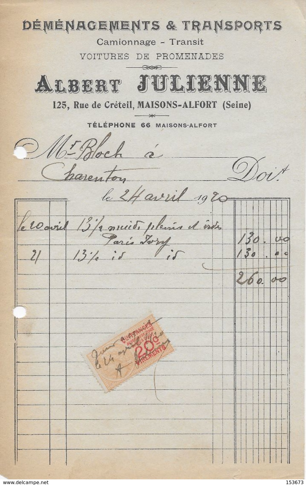 Factures  1920 Albert JULIENNE (déménagement Et Transports - Voitures De Promenade) 125 Rue De Créteil Maisons Alfort - Transports