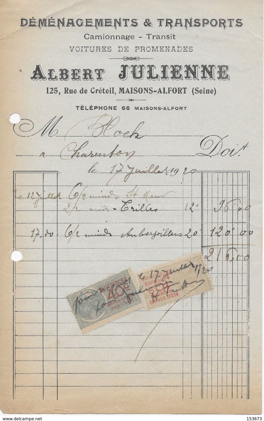 Factures  1920 Albert JULIENNE (déménagement Et Transports - Voitures De Promenade) 125 Rue De Créteil Maisons Alfort - Transport