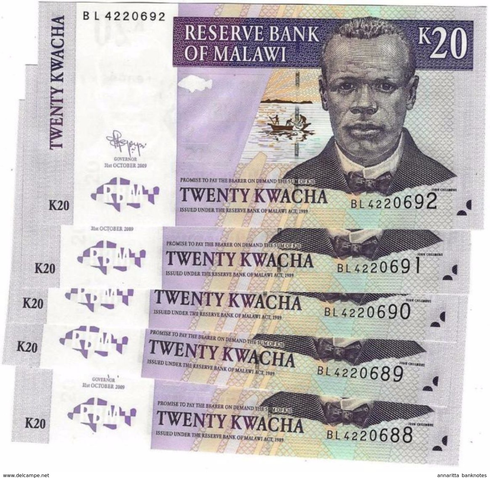 MALAWI 20 KWACHA 2009 P-52e UNC 5 PCS  [MW143f] - Malawi