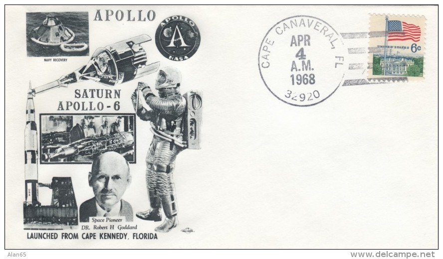 Apollo 6 Illustrated Cover, Robert Goddard, Cape Canaveral Florida Postmark 4 April 1968 - North  America