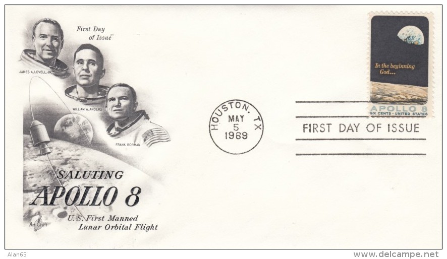 Apollo 8 Illustrated Cover, Astronauts Lovell Anders Borman Lunar Orbit, FDC Houston Texas Postmark 5 May 1969 - Noord-Amerika