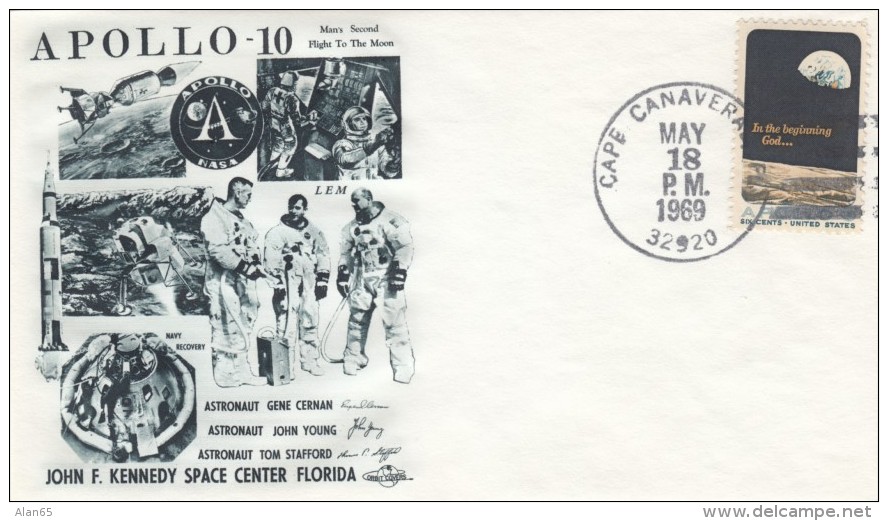 Apollo 10 Illustrated Cover, Astronauts Young Stafford Cernan, Cape Canaveral Postmark 18 May 1969 - America Del Nord