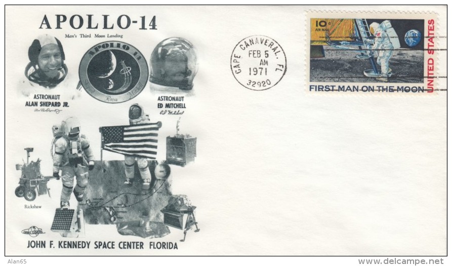 Apollo 14 Illustrated Cover, Astronauts Shepard Mitchell Moon Landing, Cape Canaveral Postmark 5 February 1971 - North  America