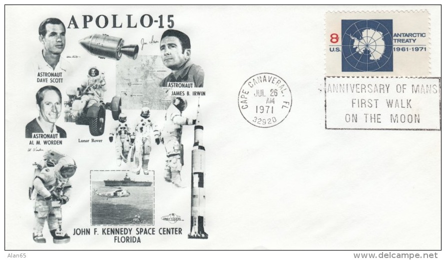 Apollo 15 Illustrated Cover, Astronauts Scott Irwin Worden Moon Landing, Cape Canaveral Postmark 26 July 1971 - North  America