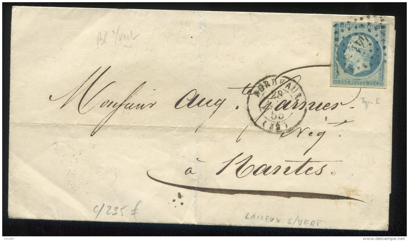 N°14 Variété "laiteux Sur Verdâtre" + Pc 441 / Lettre De Bordeaux Pour Nantes - 1853-1860 Napoléon III