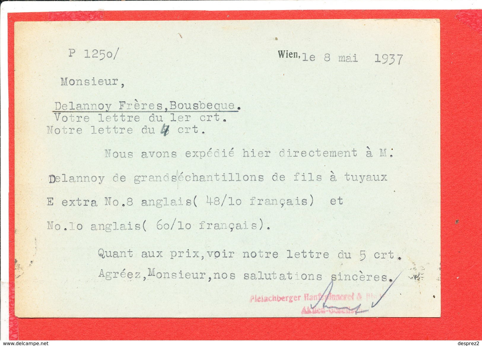 WIEN Pielachberger Hanfspinnerei Document Commercial Envoyé A M CORNILLE à ROUBAIX - Autriche