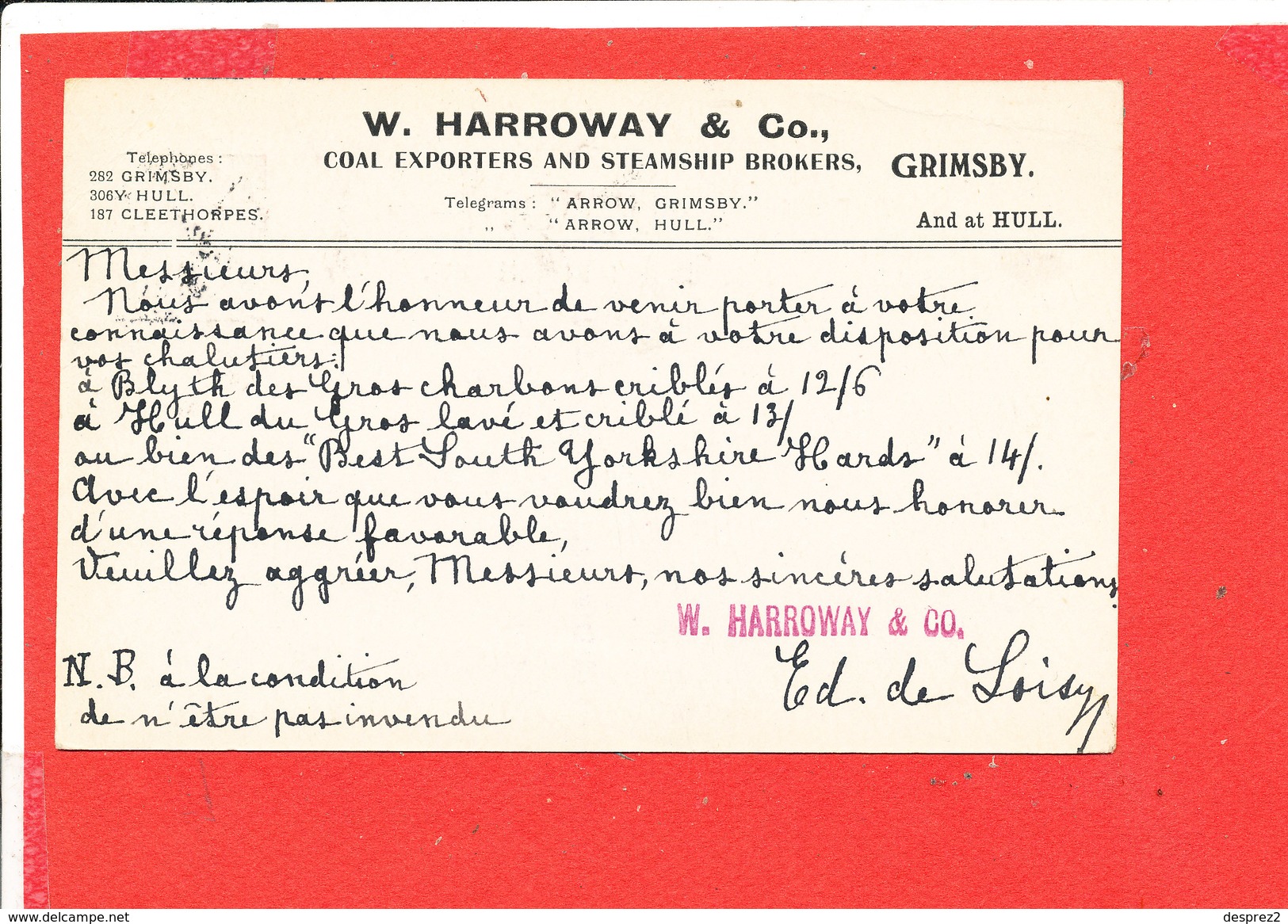 GRIMSBY HARROWAY   Document Commercial Envoyé A M Torris GRAVELINES - Royaume-Uni