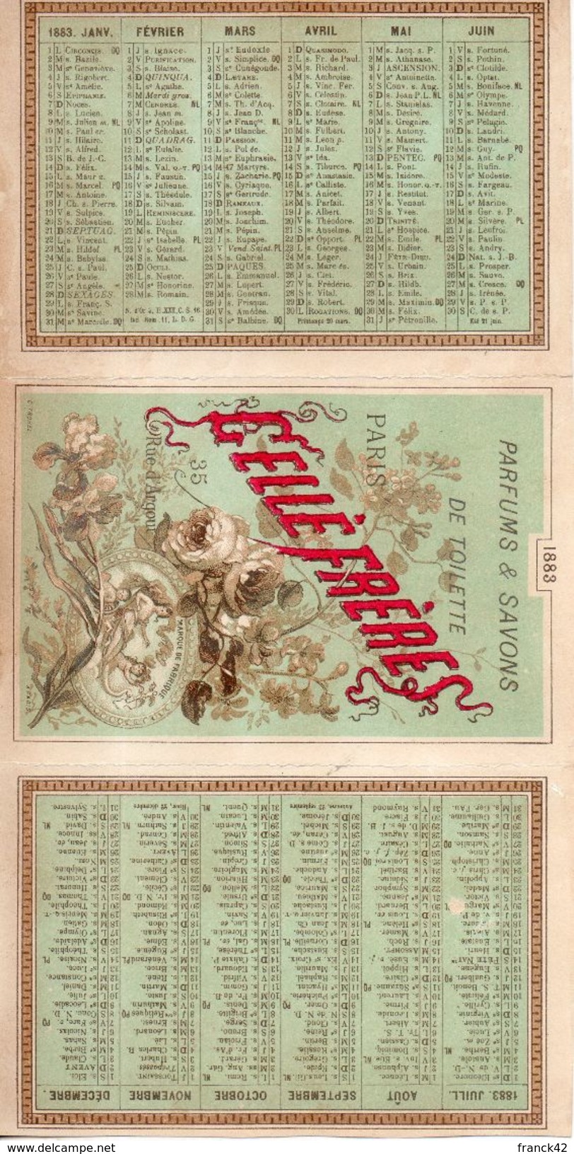 Calendrier Petit Format. 1883. Parfums Et Savons De Toilette Gelle Freres - Small : ...-1900