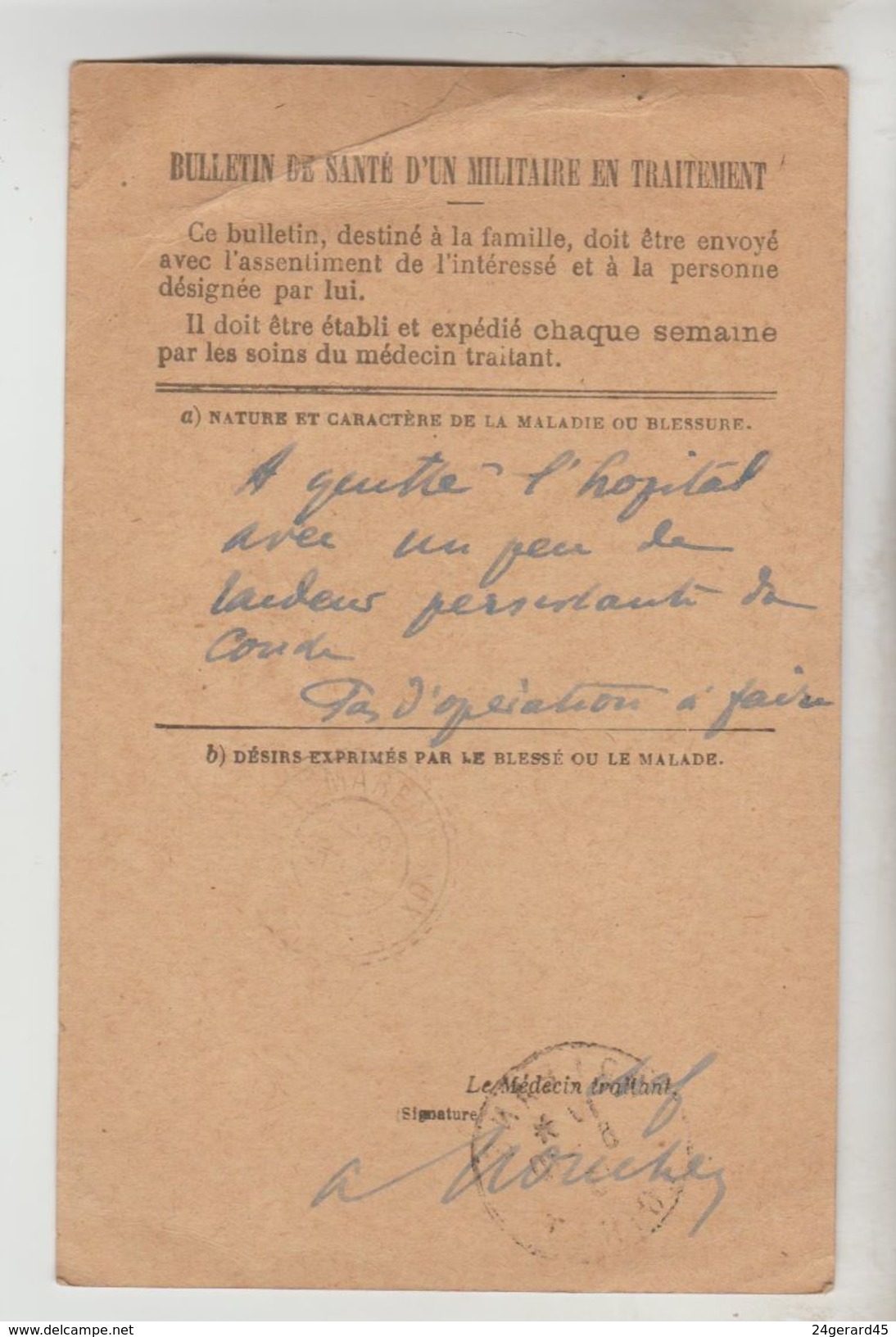 CPA MILITAIRE GUERRE 1914/18 CPFM - Bulletin De Santé D'un Militaire En Traitement - Covers & Documents