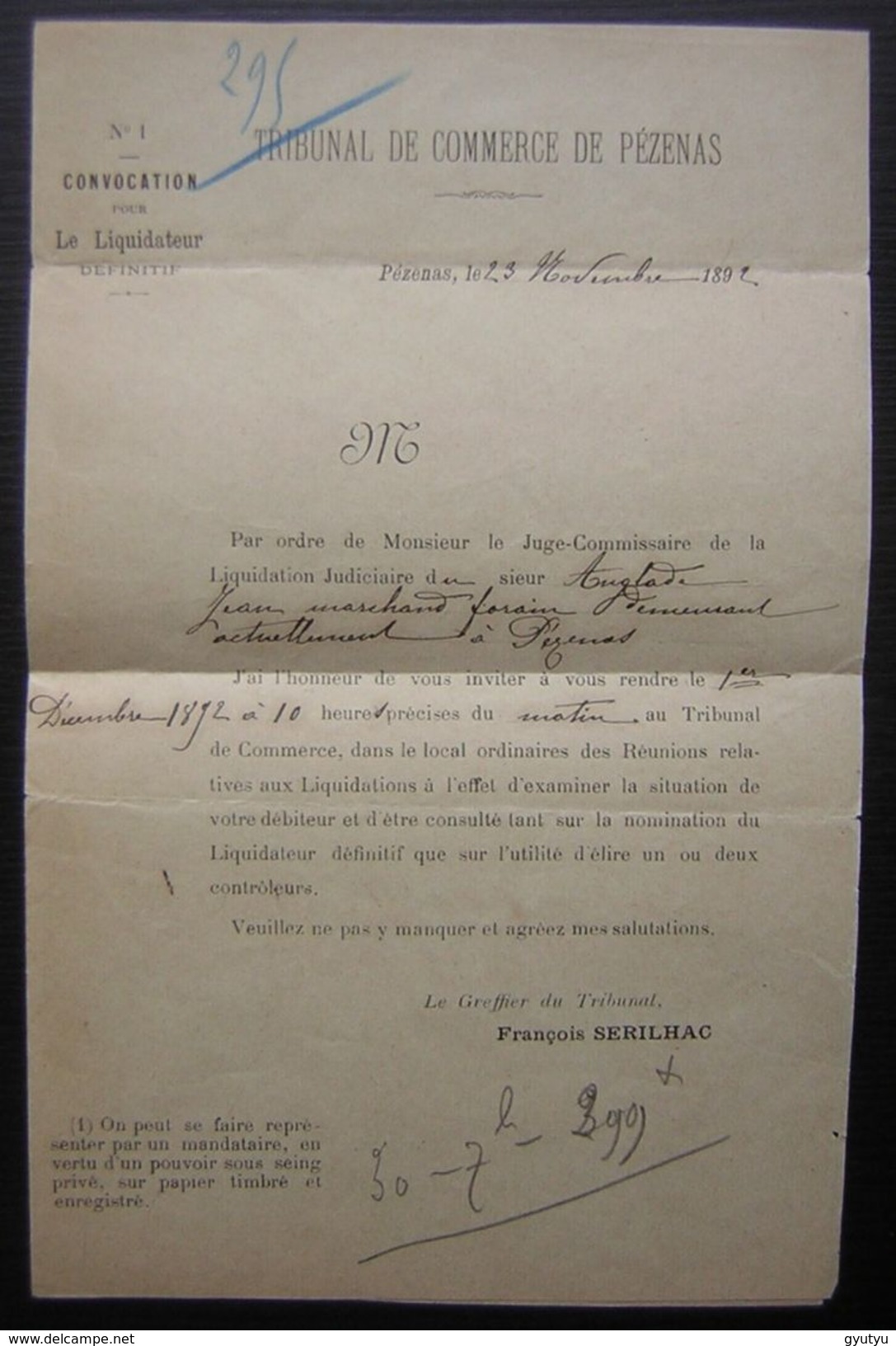 1892 Pezenas (Hérault) 1 Centime Seul Sur Lettre De Maître Sérilhac François Greffier, Pour Amiens - 1877-1920: Période Semi Moderne