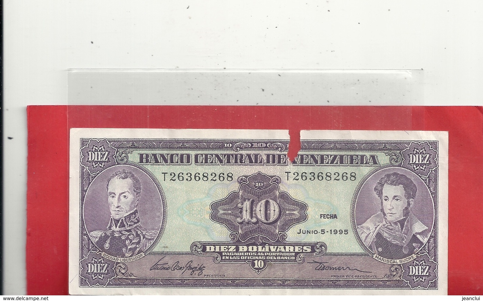 BANCO CENTRAL DE VENEZUELA . 10 BOLIVARES . JUNIO 5. 1995 . MANQUE DE PAPIER SUR LE BORD HAUT .N° T26368268. 2 SCANES - Venezuela