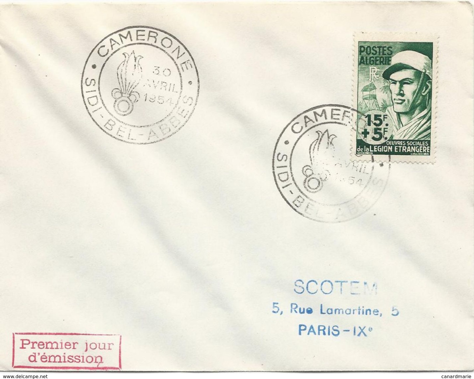 ENVELOPPE FDC 1954 OEUVRES SOCIALES DE LA LEGION ETRANGERE AVEC CACHET CAMERONE SIDI-BEL-ABBES - FDC