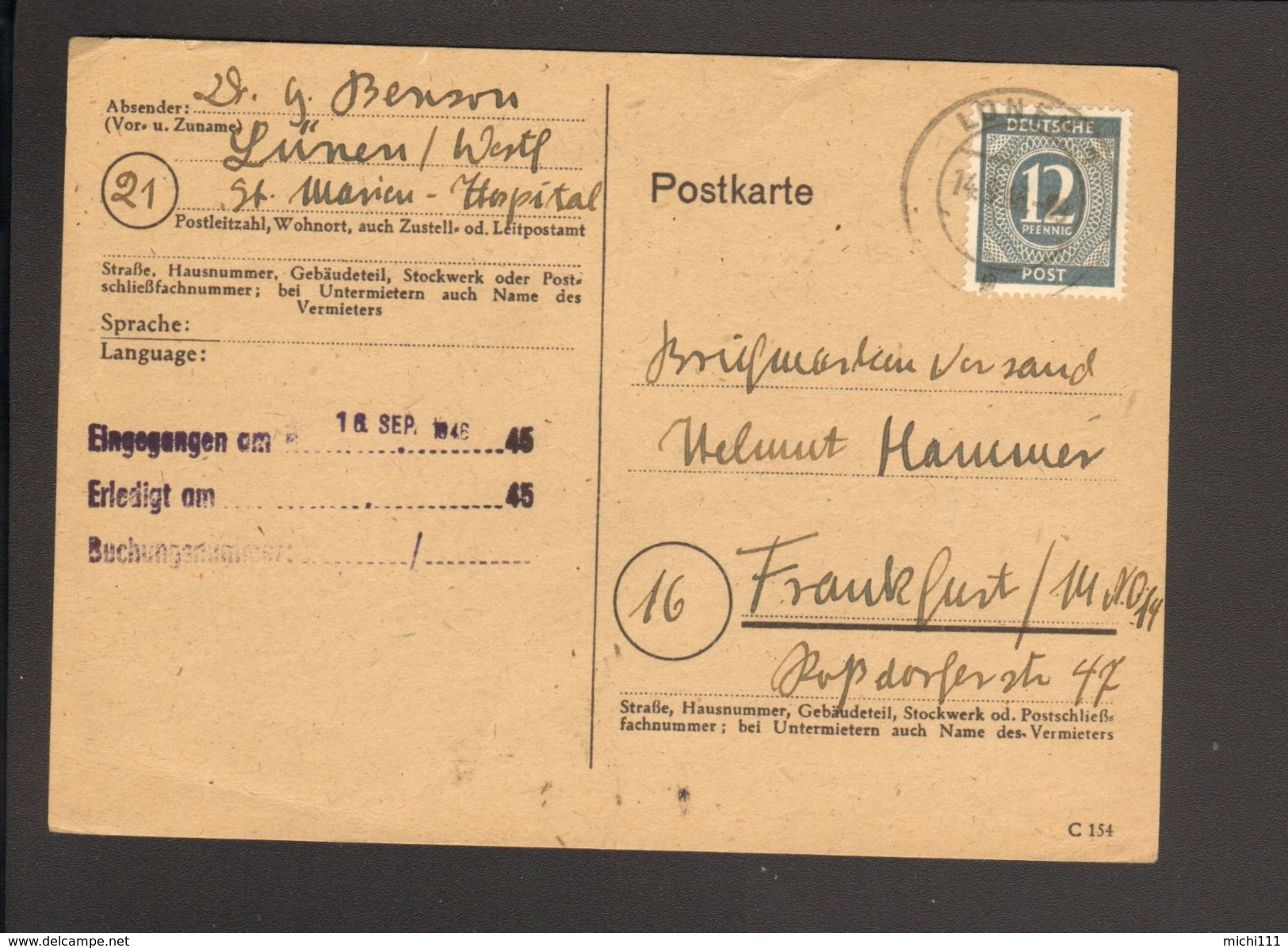 Alli.Bes.12 Pfg.Ziffer Auf Postkarte Von 1946 Aus Lünen - Autres & Non Classés