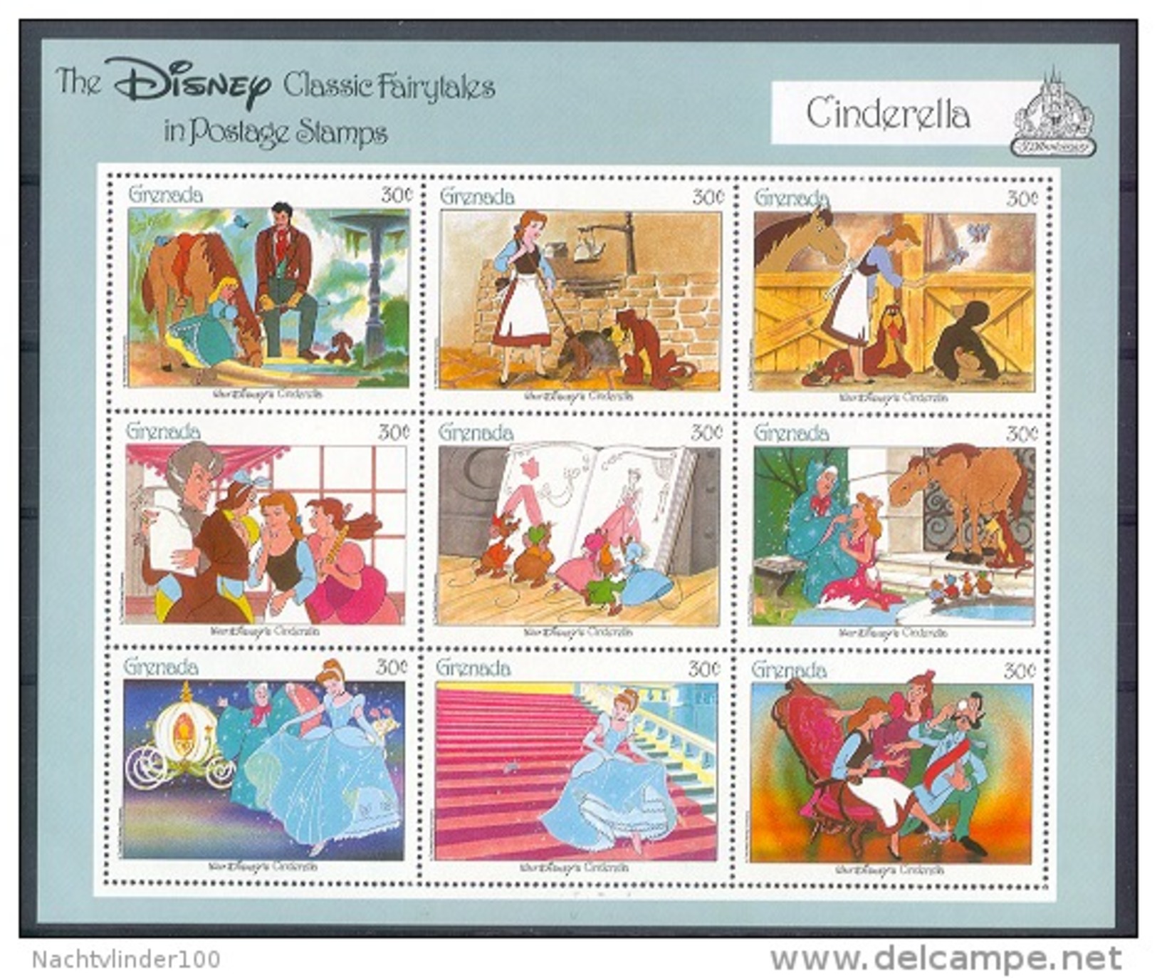 MueD141b WALT DISNEY ASSEPOESTER CINDERELLA PAARD KAT HOND MUIZEN HORSE CAT DOG MICE KATZE HUNDE GRENADA 1987 PF/MNH - Disney