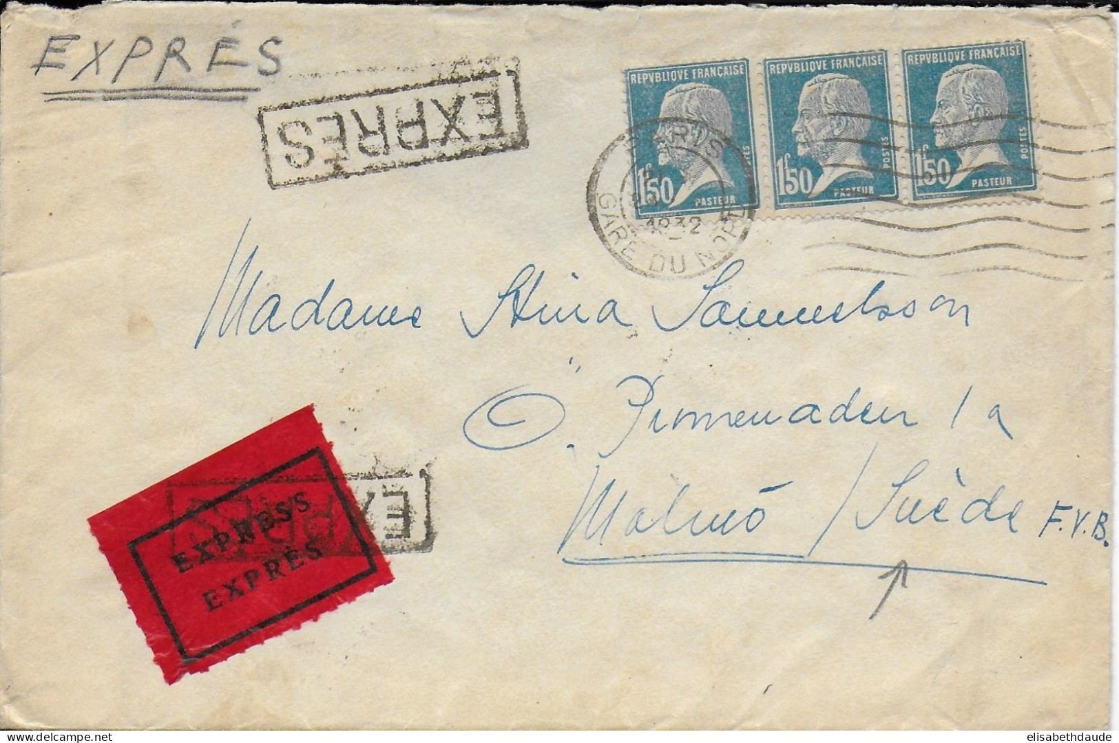 1932 - PASTEUR - ENVELOPPE EXPRES De PARIS => MALMÖ (SUEDE) - DESTINATION En EXPRES ! - 1922-26 Pasteur