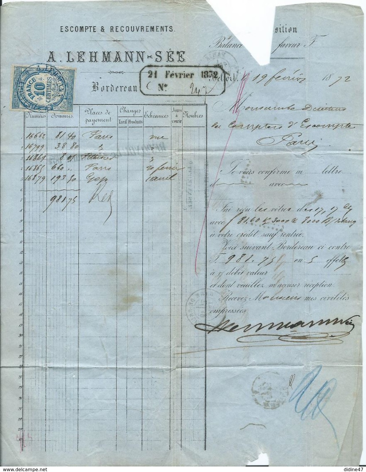 LETTRE FACTURE - Au Départ De GARE DE BELFORT  Type Céres Sur Facture A. LEHMANN - SEE - BELFORT - 1849-1876: Classic Period