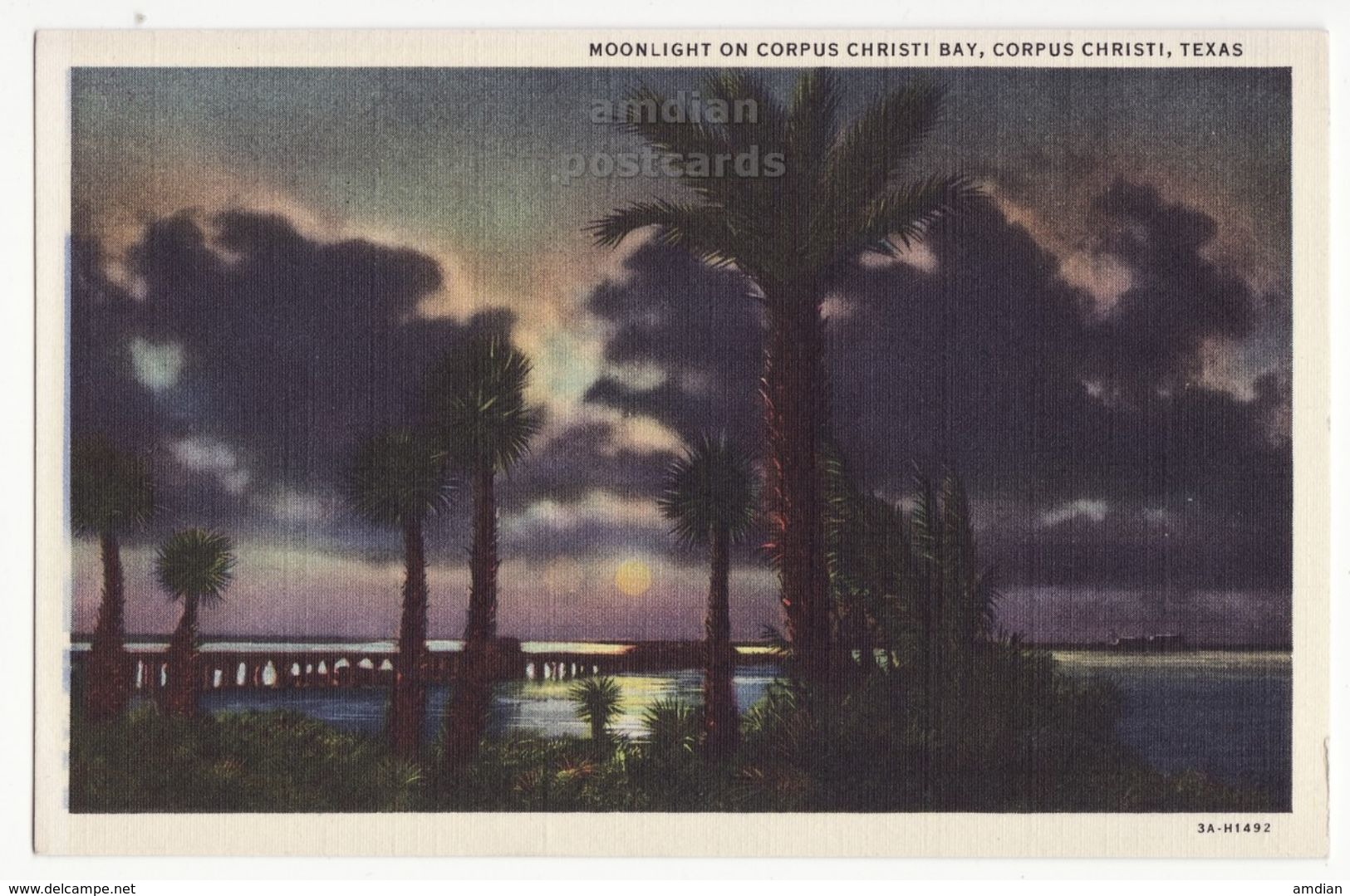 USA, Moonlight On Corpus Christi Bay Texas TX, 1930s Unused Vintage Linen Curt Teich Postcard - Curt Teich - Night View - Corpus Christi