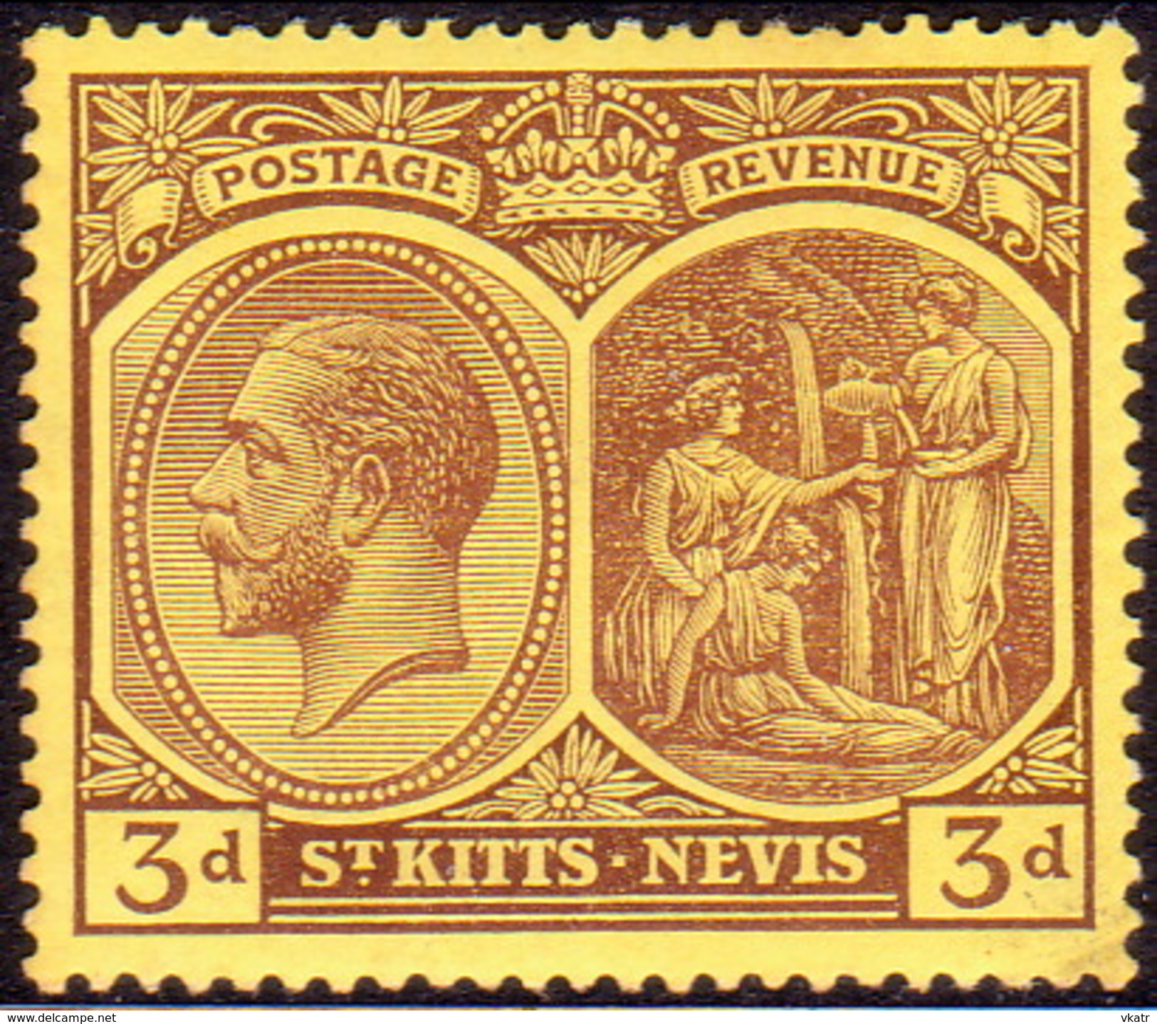 ST KITTS_NEVIS 1927 SG #45a 3d Purple On Yellow MLH Wmk Mult. Script CA - St.Christopher-Nevis-Anguilla (...-1980)