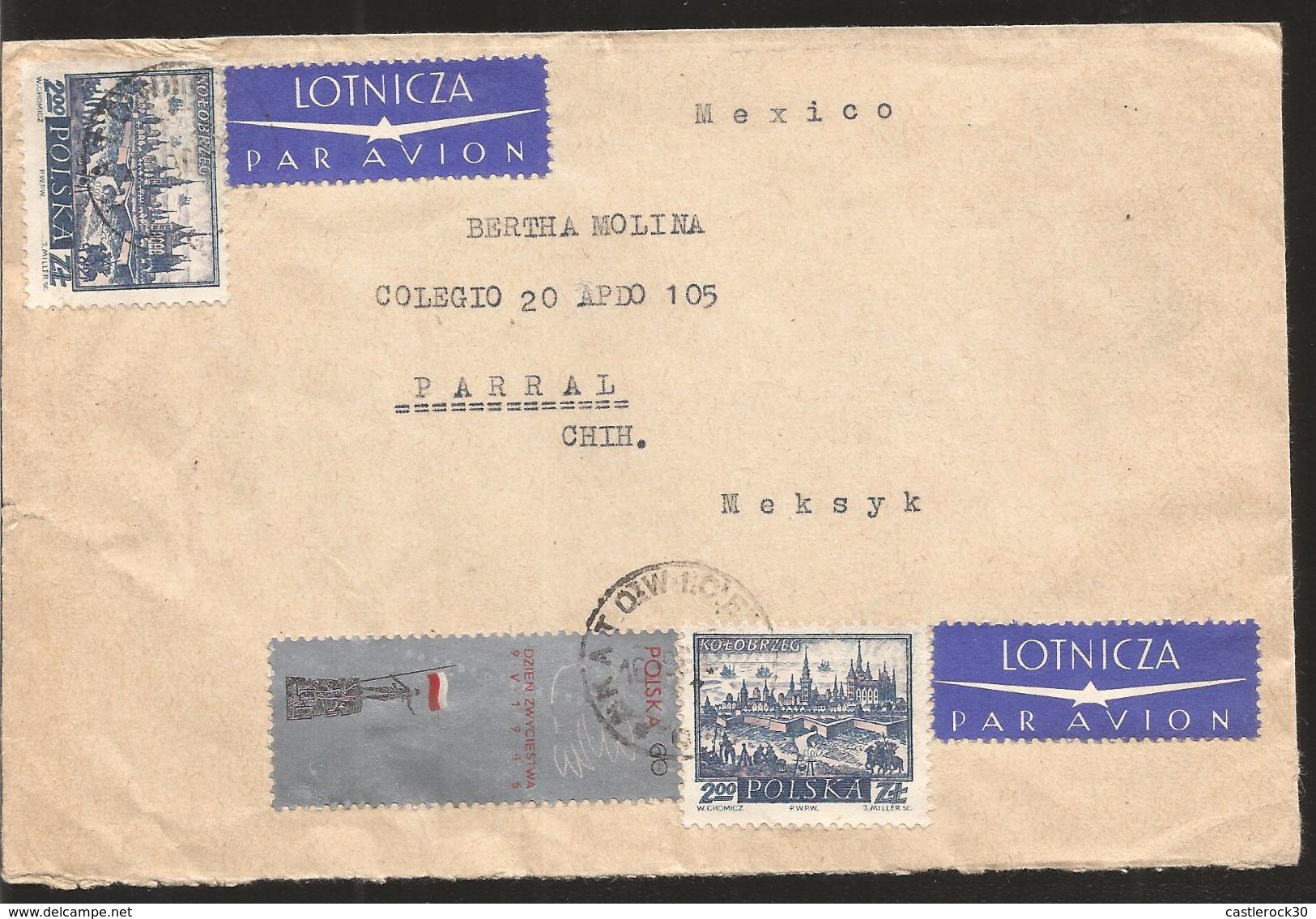 A) 1945 POLONIA, ARCHITECTURE, CITY OF KOLOBRZEG, SOLDIER STATUE WITH FLAG, AIRMAIL, CIRCULATED COVER FROM POLONIA TO ME - Avions