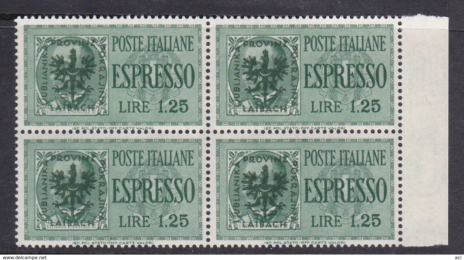 Italy-WW II Occupation-German Occupation Of Lubiana, E 4 1944 Special Delivery Stamp, Lire 1,25 Green Block 4 MNH - Deutsche Bes.: Lubiana