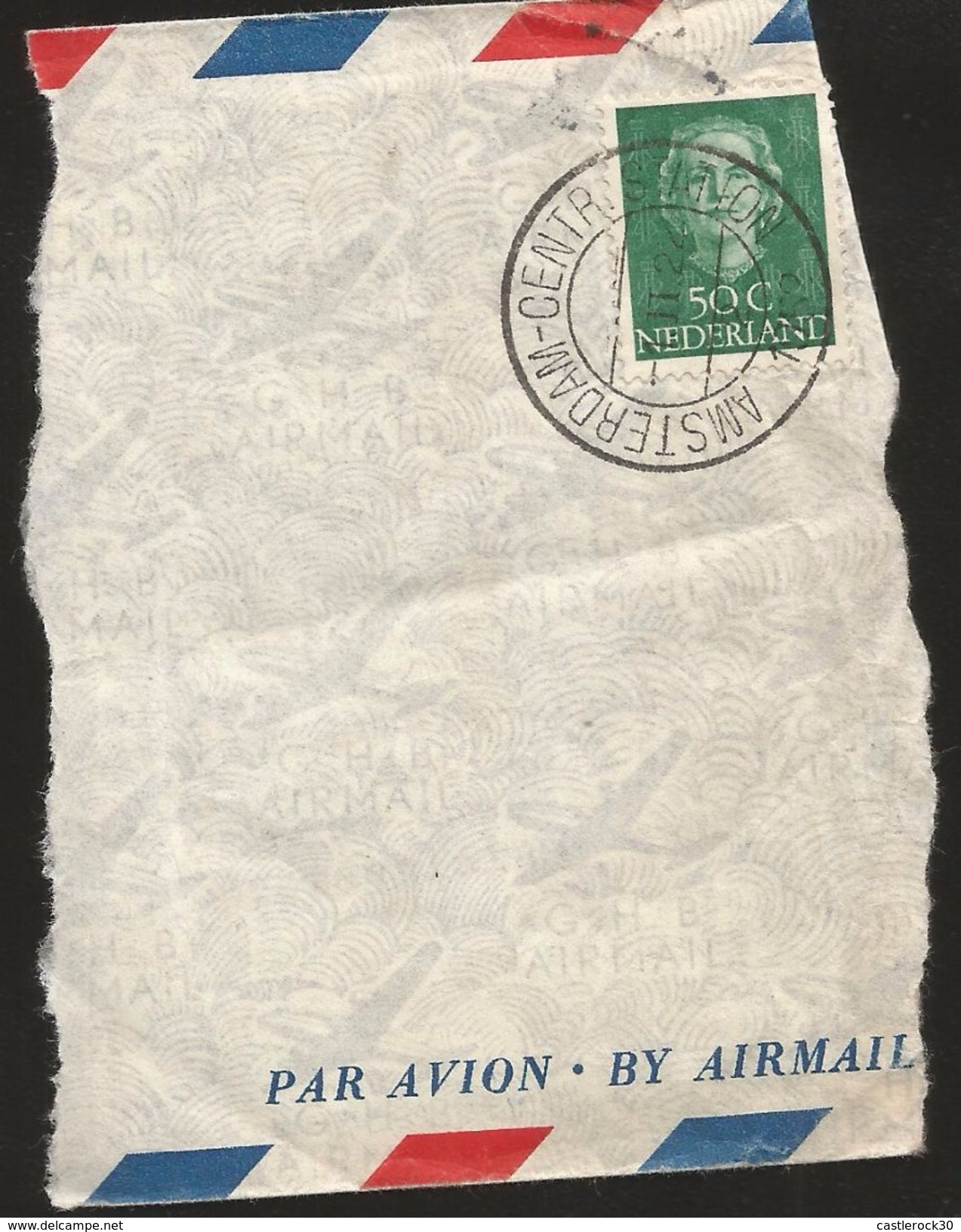 A) 1949 NETHERLANDS, QUEEN JULIANA, ROYALTY, 50C BLUE GREEN STAMP, AIRMAIL, AMSTERDAM-CENTR STATION, NEAT CANCELLATION. - Europe (Other)