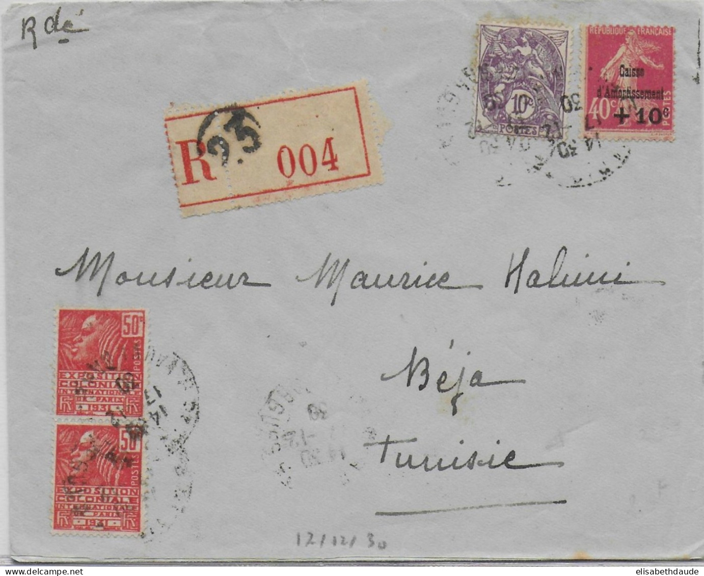 1930 - CAISSE D'AMORTISSEMENT - SEMEUSE Sur ENVELOPPE De PARIS => BEJA (TUNISIE) - 1927-31 Caisse D'Amortissement