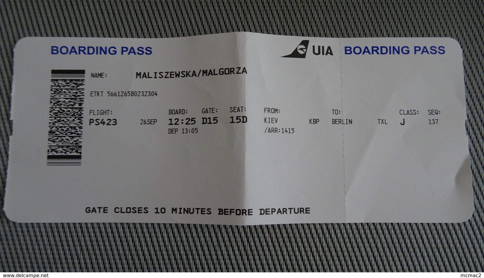 Ukraine Airlines Air Ticket (Soft Paper) From UKRAINE - Fahrkarte - Tarjetas De Embarque