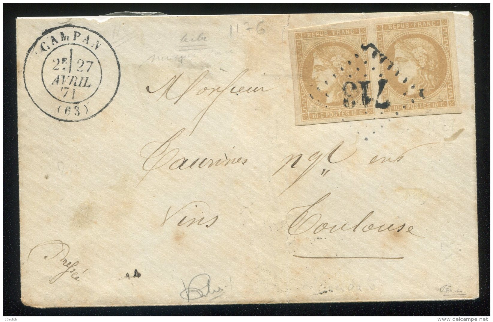 N°43 Paire  Type 1 + GC  713 / Lettre  De Campan (hautes Pyrénées) Pour Toulouse - 1870 Emission De Bordeaux