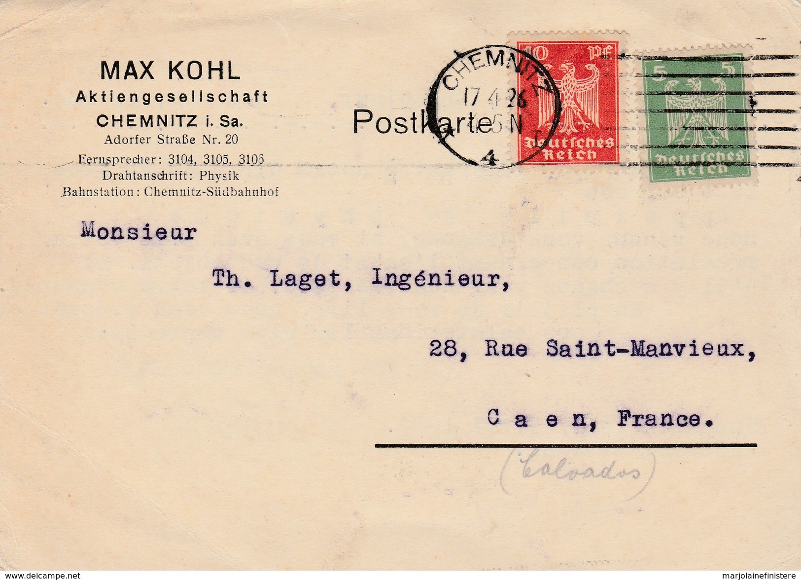 Allemagne - Chemnitz. Entier Postal De 1926. - Covers & Documents