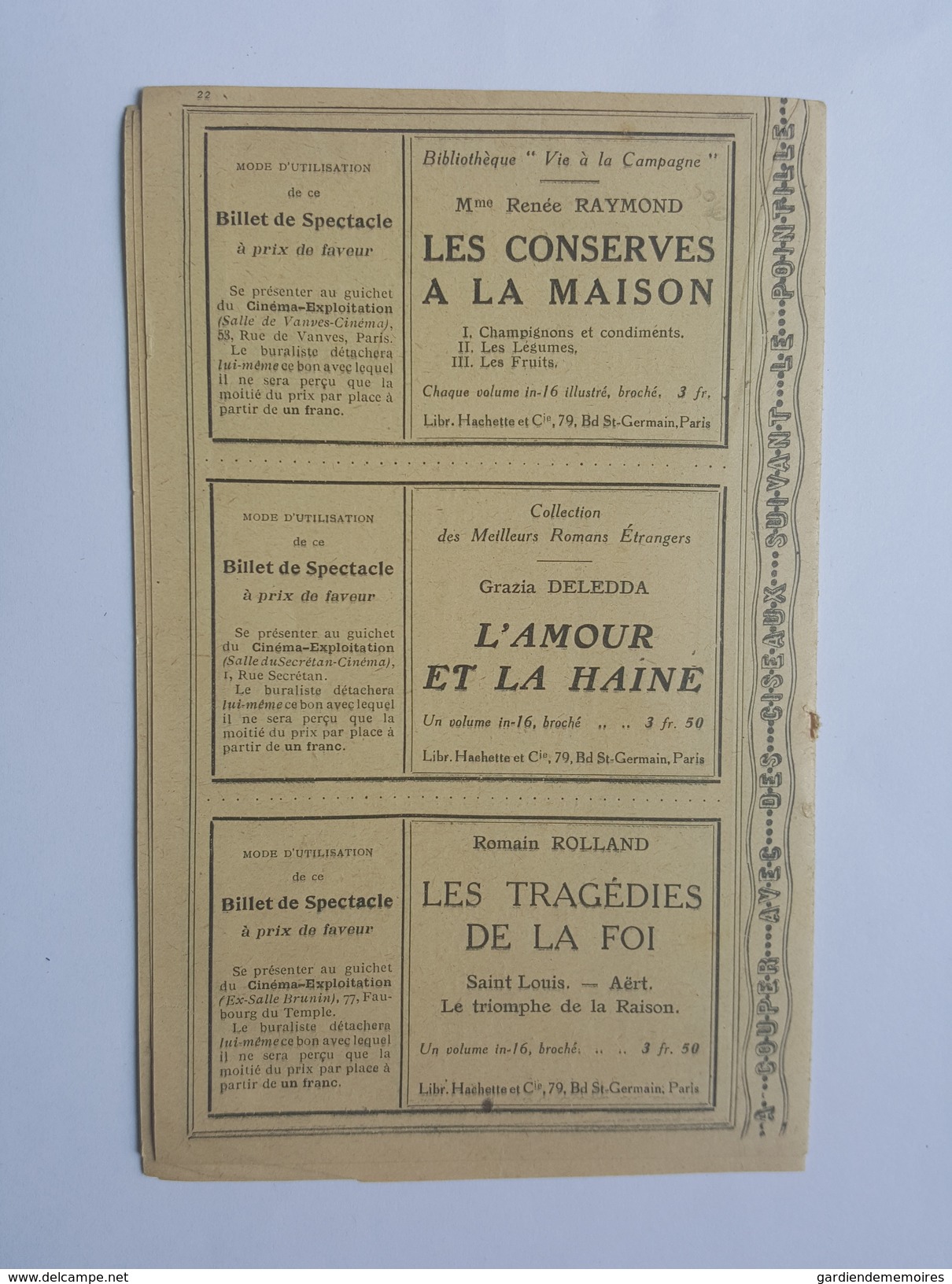 Saison 1913 - 1914 - 18 Tickets à prix de faveur - Cirque Médrano et d'Hiver, Little Palace, Théatre, Omnia Cinéma Pathé