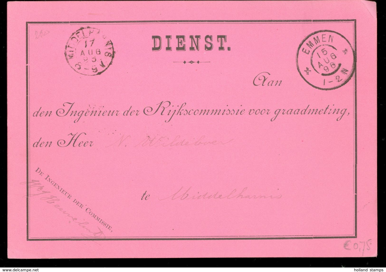 DIENST KAART Uit 1896 * RIJKSCOMMISSIE VOOR GRAADMETING * GELOPEN Van EMMEN Naar MIDDELHARNIS  (10.654y) - Brieven En Documenten