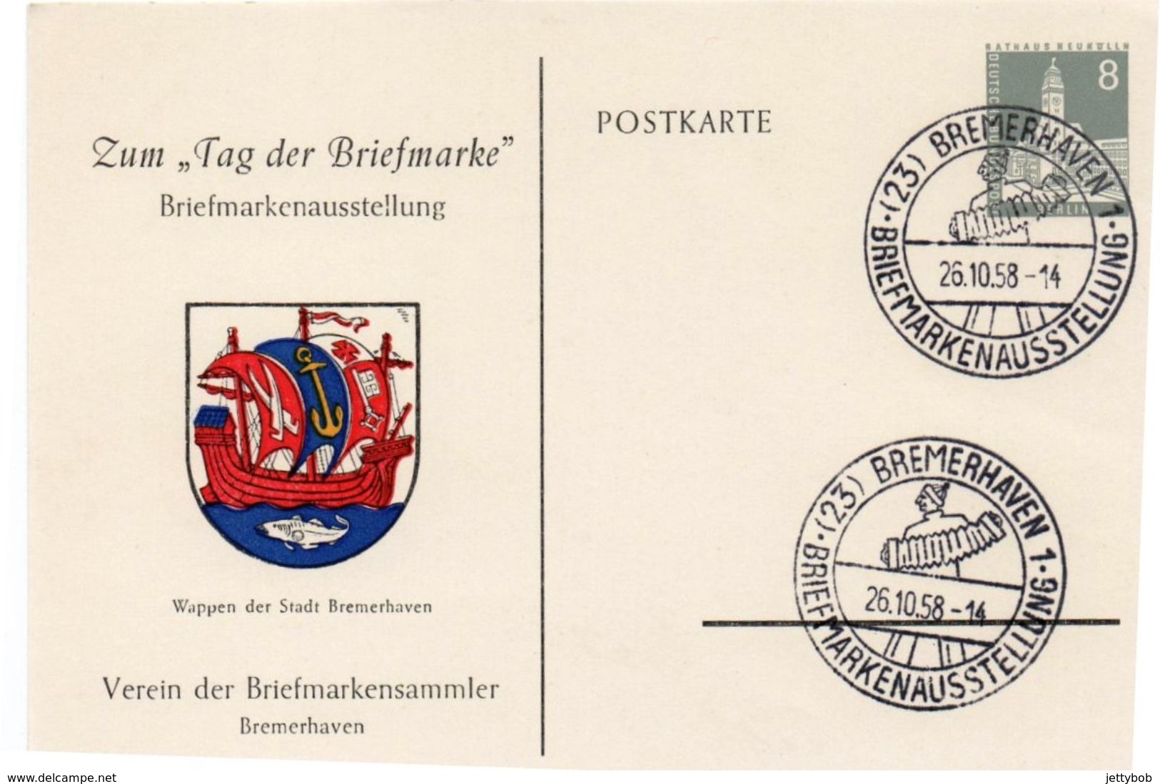 BERLIN 1958 Unaddressed Illustrated Stamp Day Postcard Promoting Bremerhaven Stamp Exhibition With Special Exhib Cancel - Postales - Usados