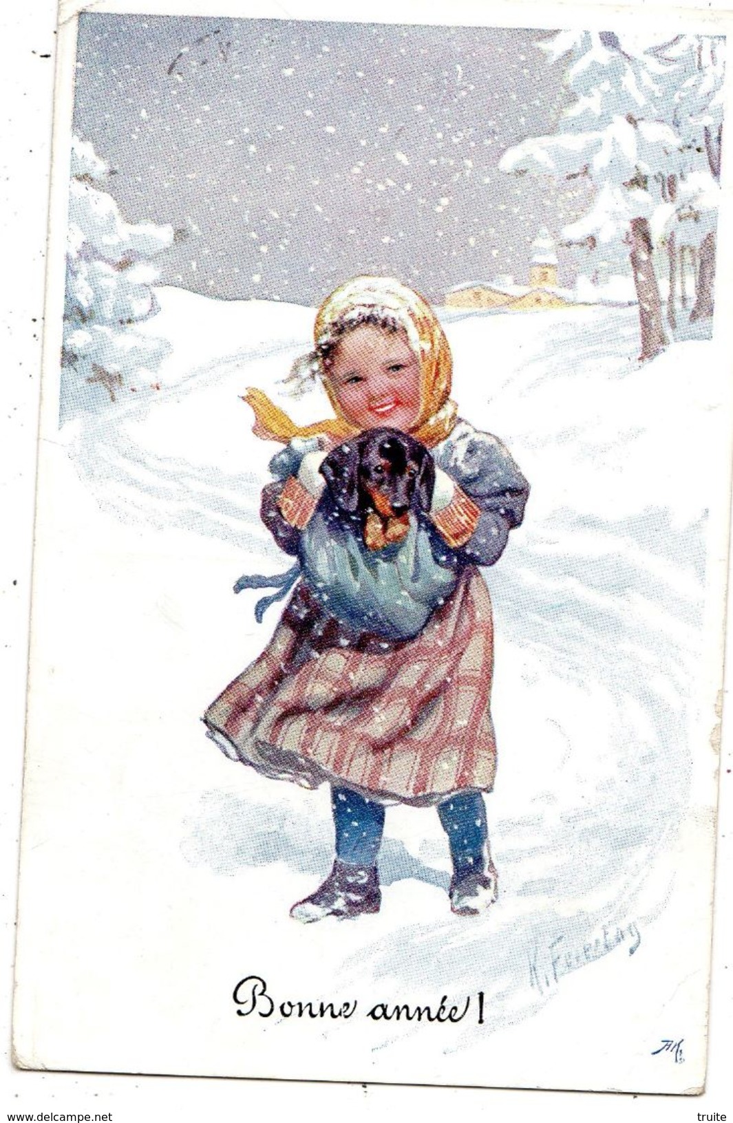 JEUNE FILLE AVEC SON TECKEL DANS LA NEIGE  "BONNE ANNEE" - Honden