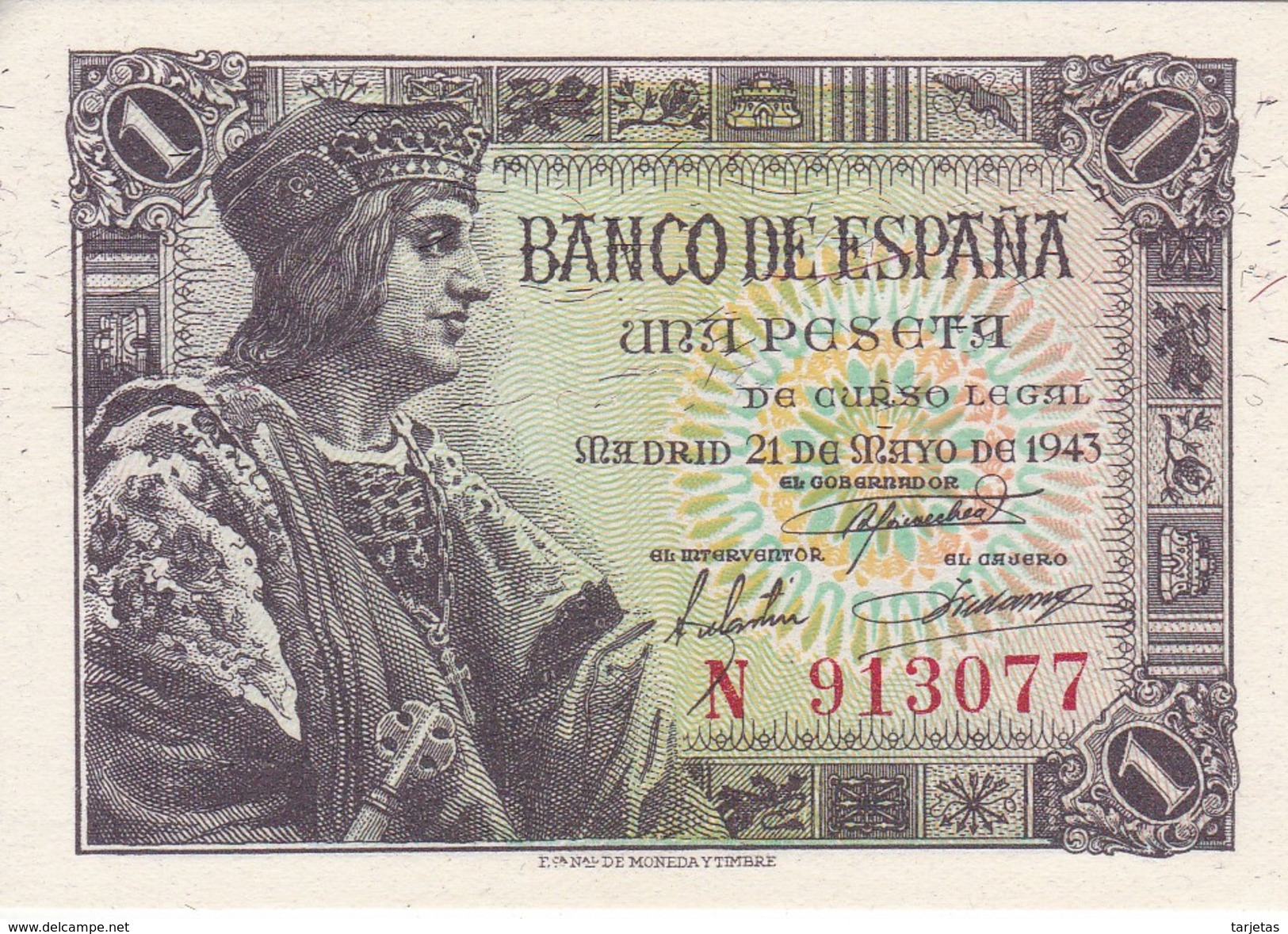 BILLETE DE ESPAÑA DE 1 PTA  DEL AÑO 1943 SERIE N SIN CIRCULAR (UNCIRCULATED) - 1-2 Pesetas