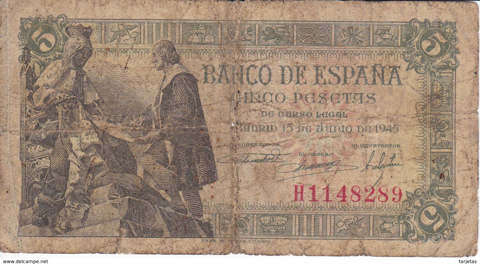 BILLETE DE ESPAÑA DE 5 PTAS DEL 15/06/1945 SERIE H CALIDAD RC  (BANKNOTE) - 5 Peseten