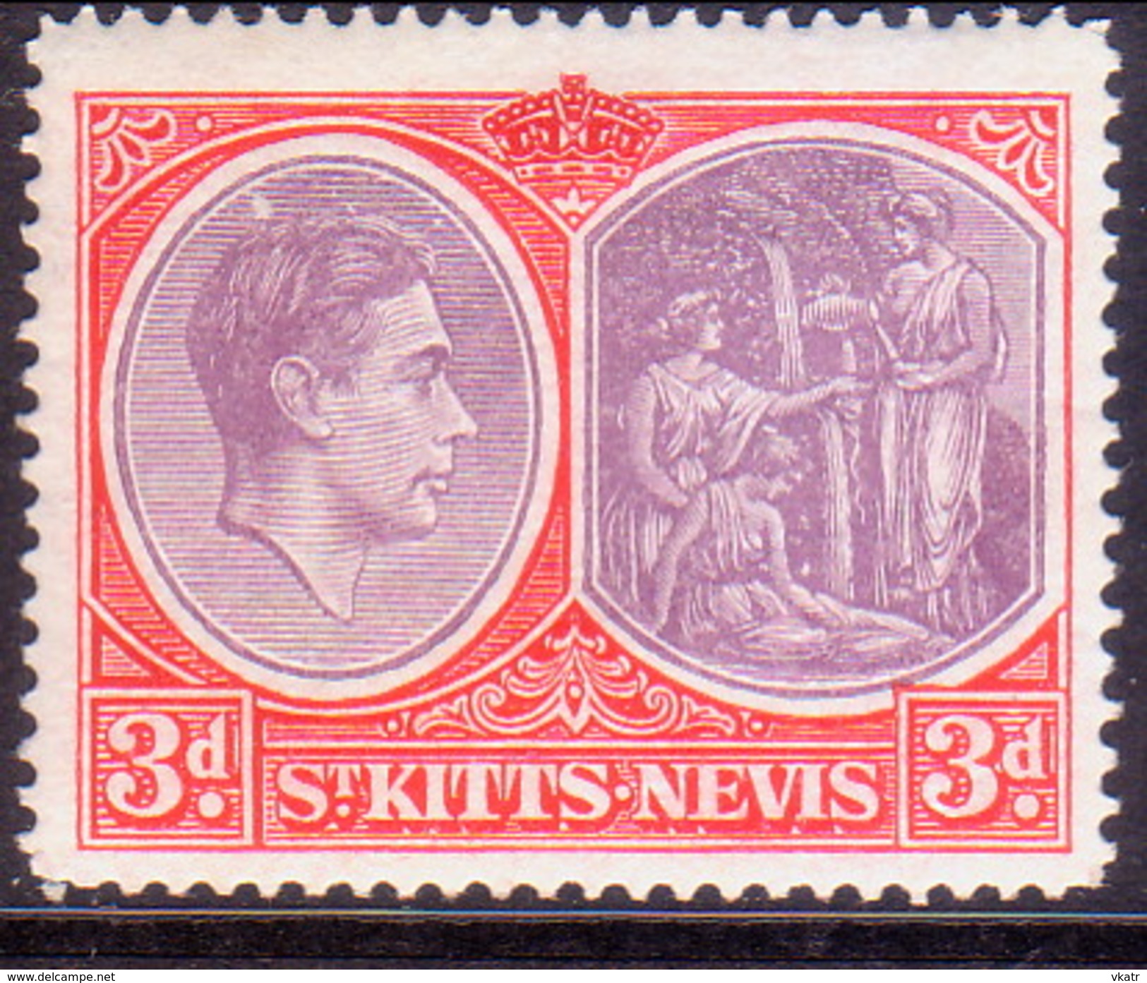 ST KITTS_NEVIS 1950 SG #73g 3d MH Perf.14 Chalk-surf. Paper CV £15 Deep Rddsh Purp. And Brt Scarlet Tiny Scratch On Head - St.Christopher-Nevis-Anguilla (...-1980)