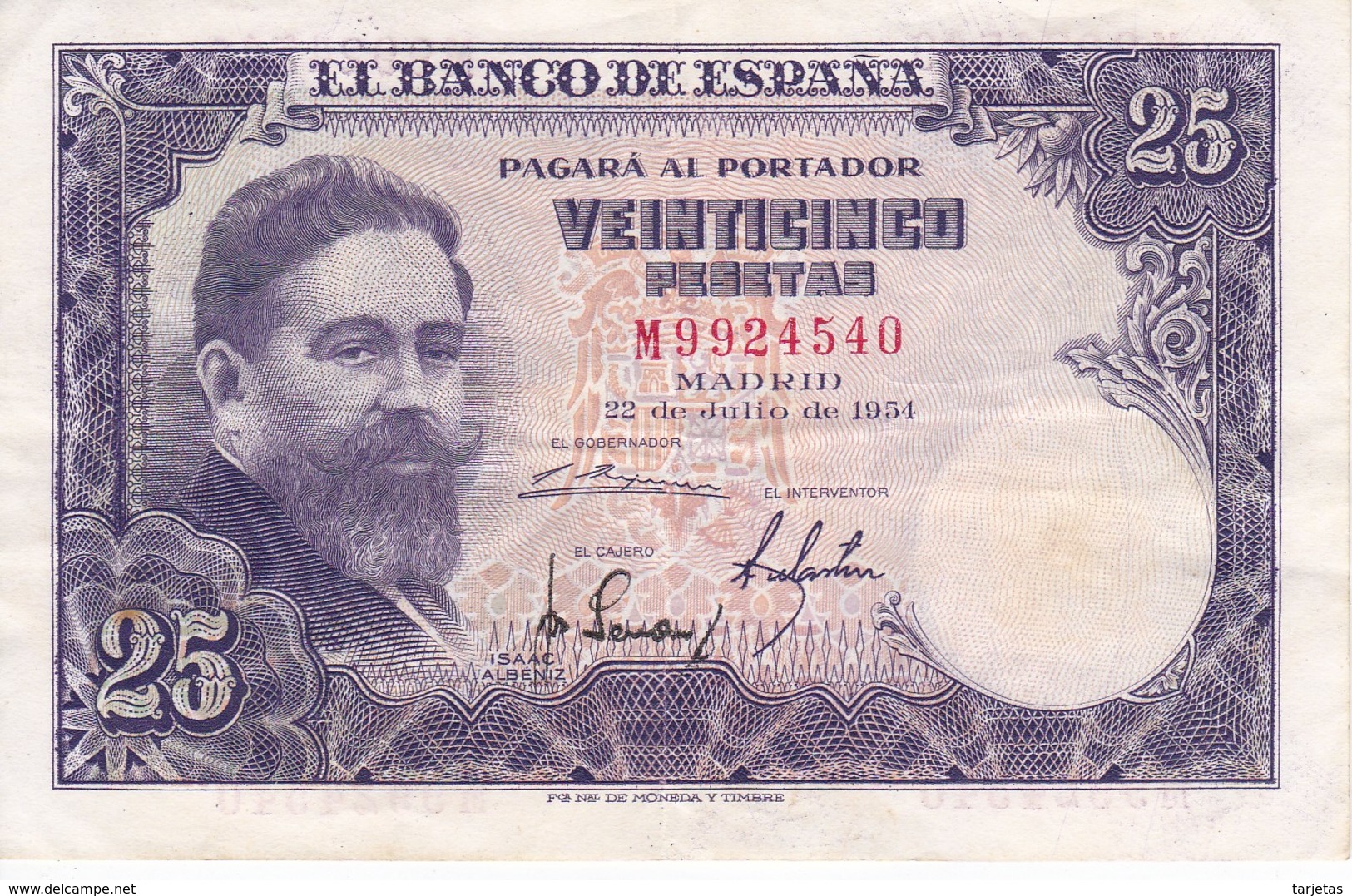 BILLETE DE ESPAÑA DE 25 PTAS DEL AÑO 1954 SERIE M EN CALIDAD EBC (XF)(BANKNOTE) - 25 Pesetas