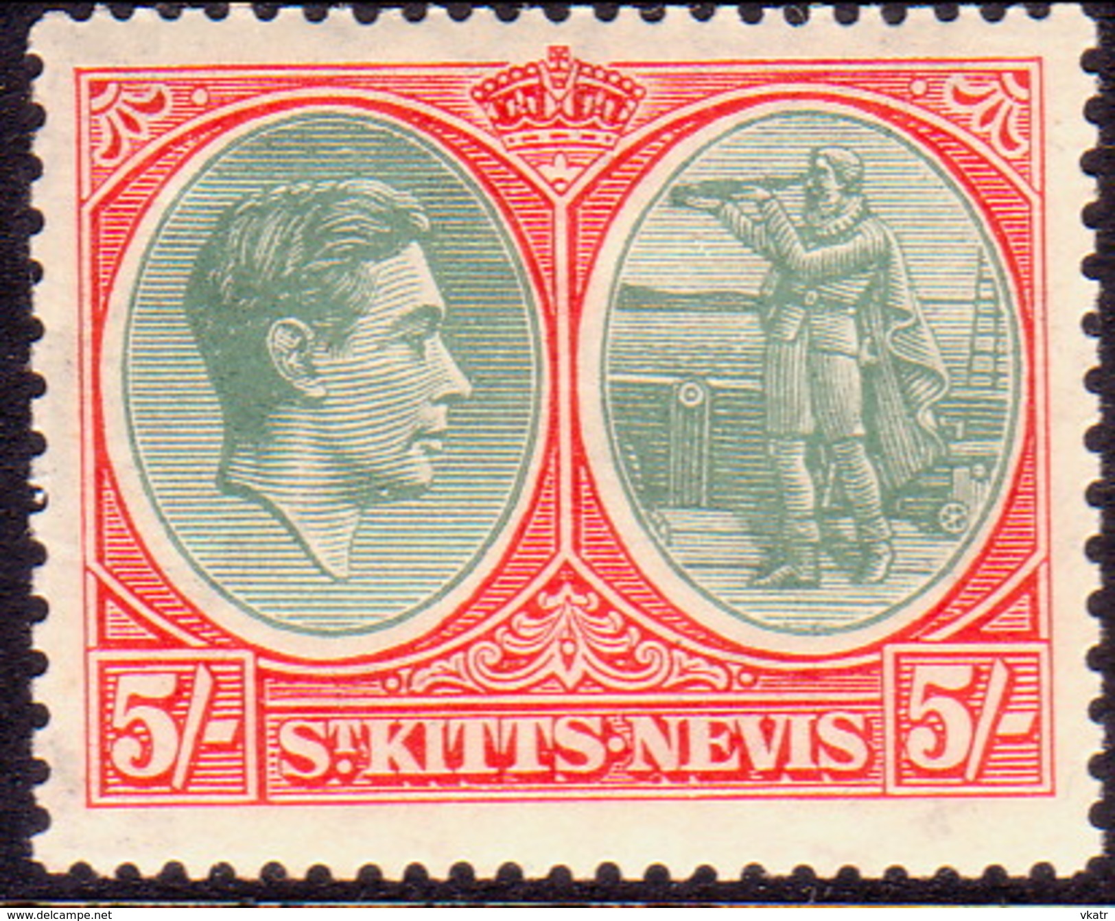 ST KITTS_NEVIS 1938 SG #77 5sh MLH Perf.13 CV £65 Tiny Creases On Back - St.Christopher-Nevis-Anguilla (...-1980)