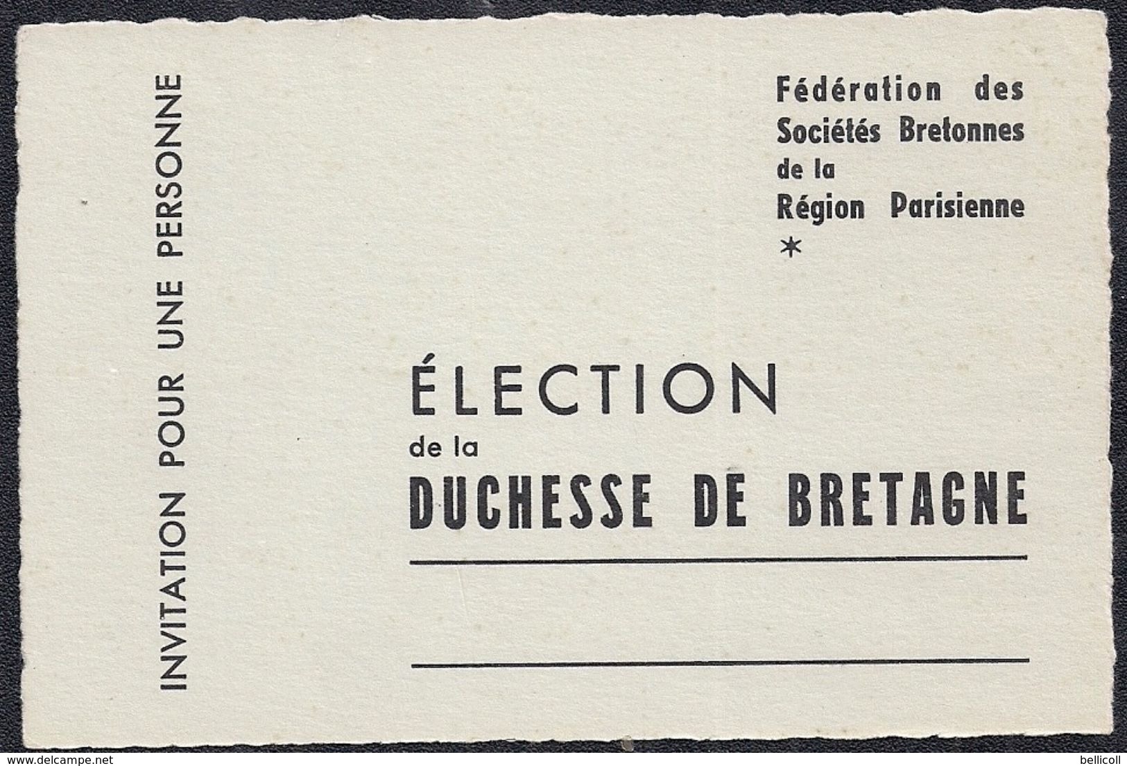 Carte D'Invitation - Fédération Des Sociétés Bretonnes De La Région Parisienne - Election De La Duchesse De Bretagne - Sonstige & Ohne Zuordnung