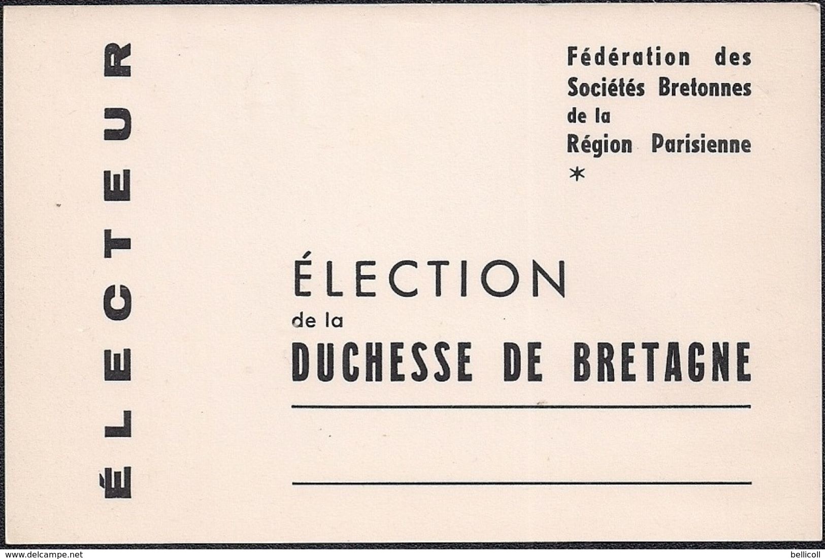 Carte Electeur - Fédération Des Sociétés Bretonnes De La Région Parisienne - Election De La Duchesse De Bretagne - Autres & Non Classés