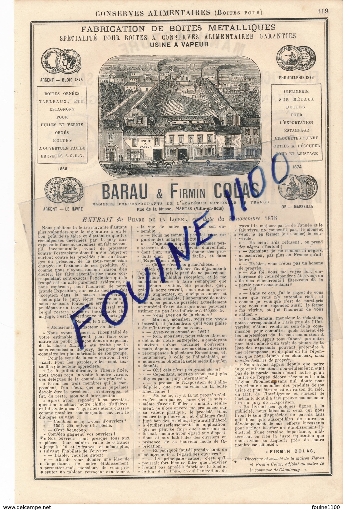 Fabrication De Boites De Conserves Barau & Firmin Colas NANTES VILLE EN BOIS Manufacture De Cordages à ANGERS - Advertising