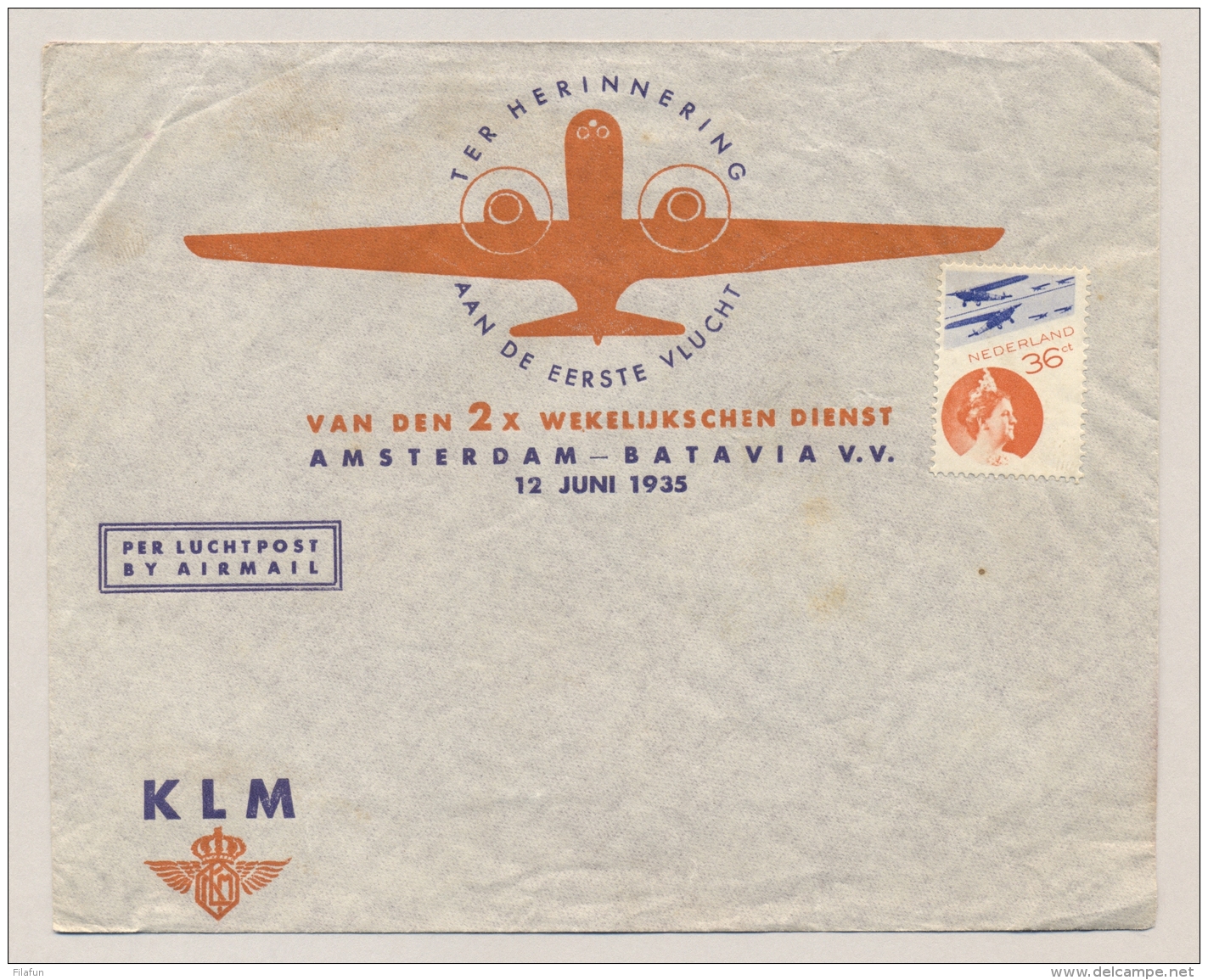 Nederland - 1935 - 36 Cent Fotomontage Zegel Ongebruikt Op Speciale KLM Envelop - Brieven En Documenten