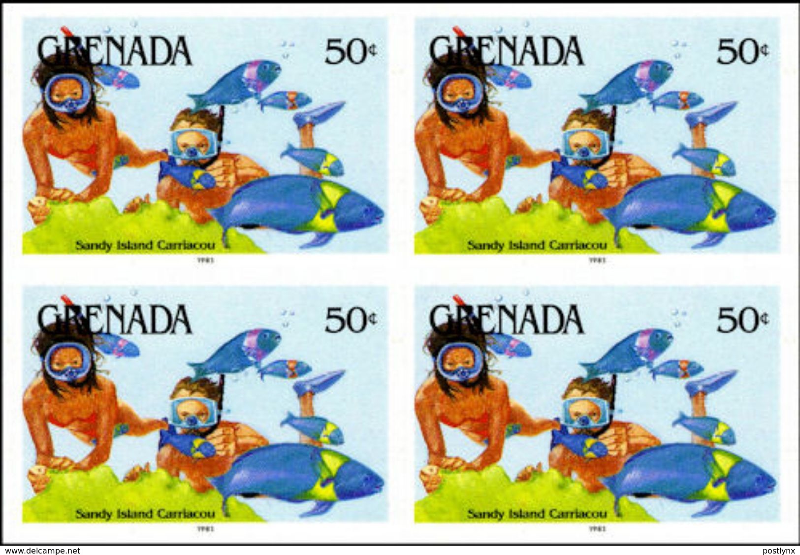 GRENADA 1985 Water Sports Scuba 50c IMPERF.4-BLOCK[non Dentelé, Geschnitten,no Dentado] - Duiken