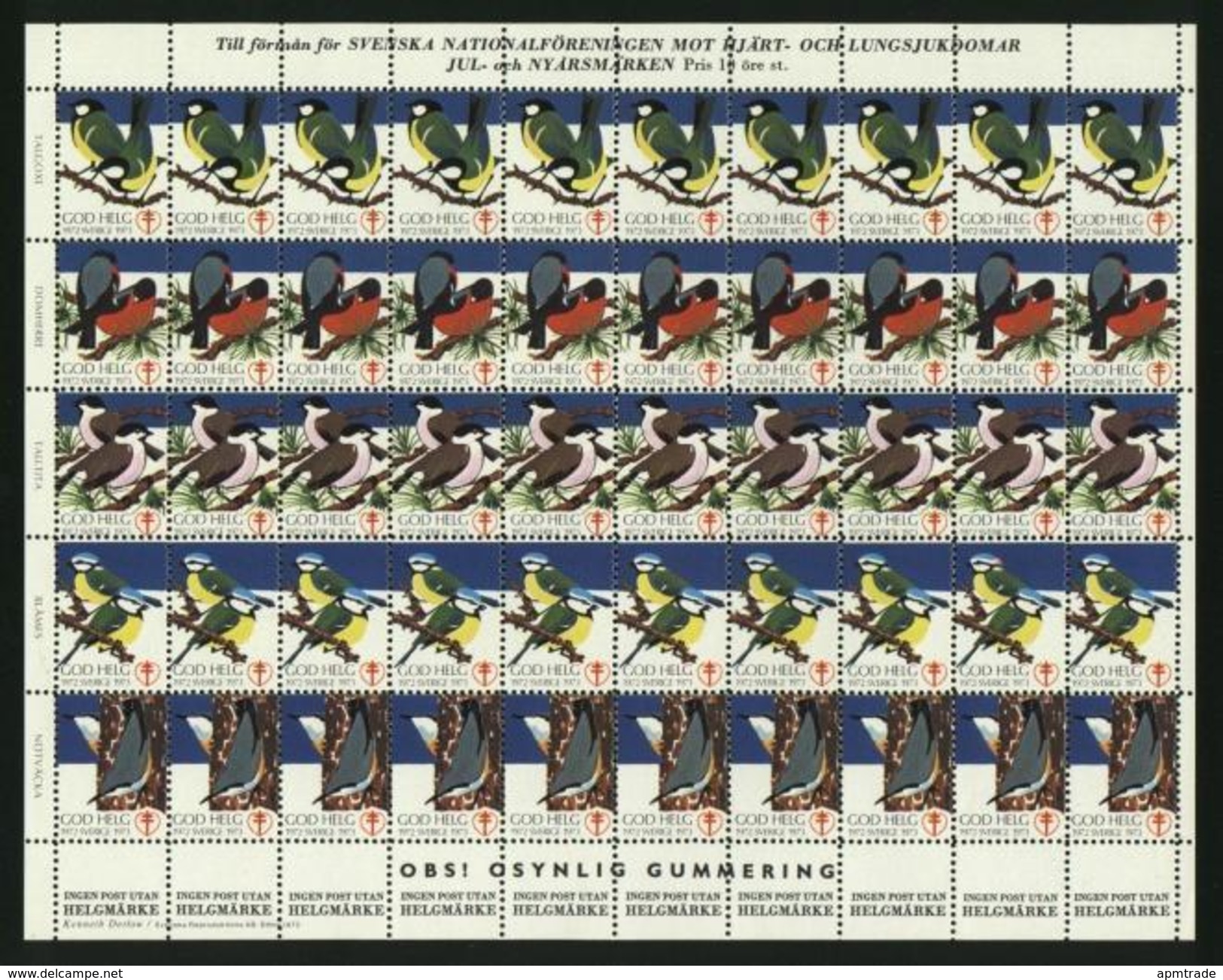 Sweden Christmas Seal  Folded 1972/73 Mnh Full Sheet  Birds - Hojas Completas