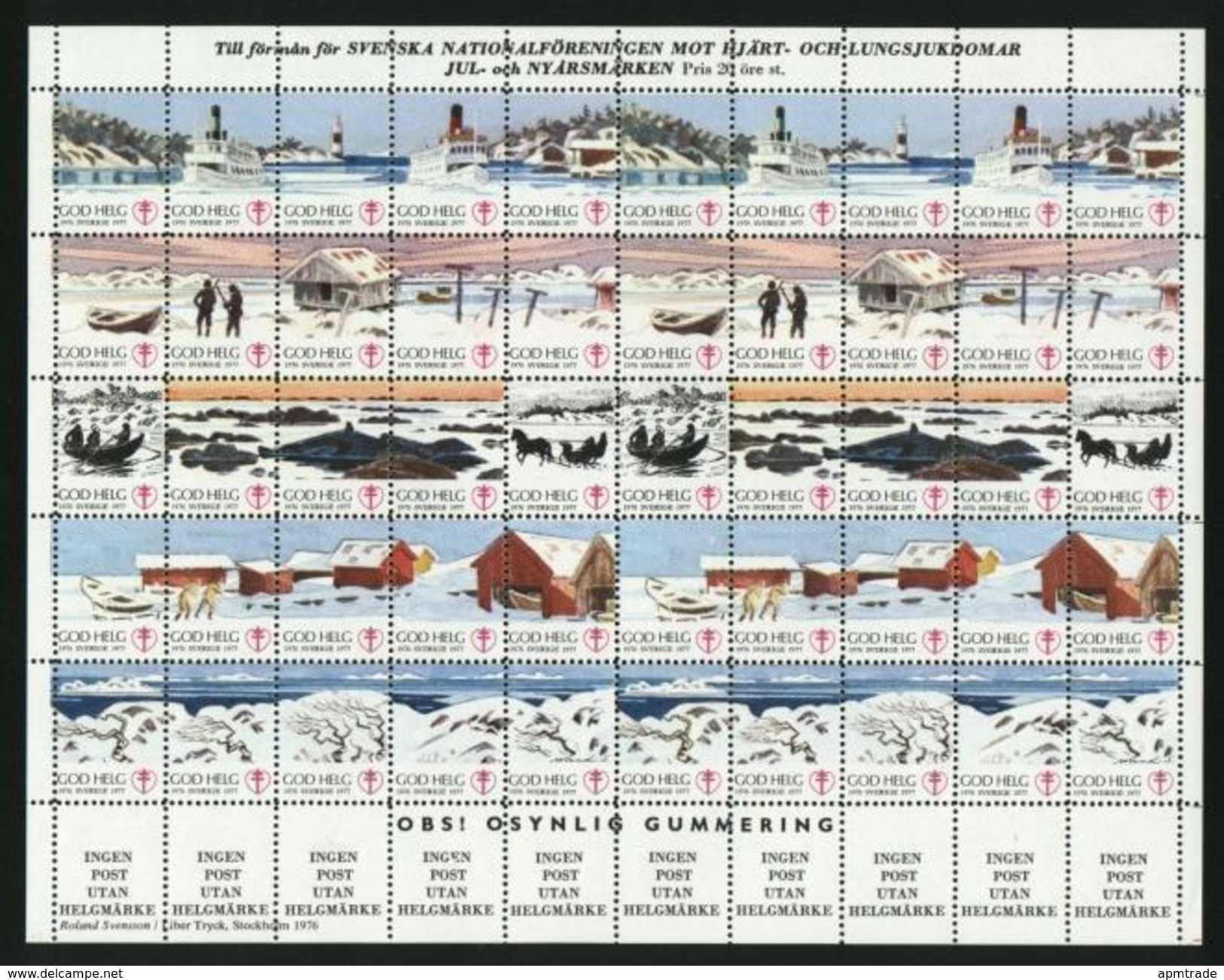 Sweden. Christmas Seal 1976/77 Mnh Full Sheet Unfolded. Lighthouse,Ferry,Horse. - Full Sheets & Multiples