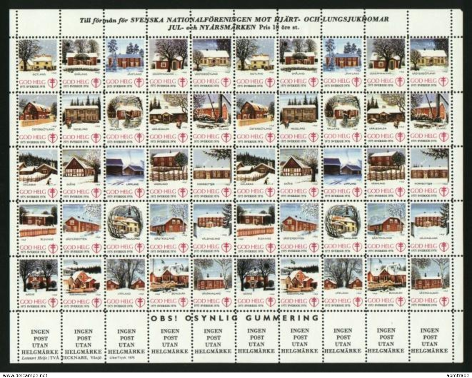 Sweden. Christmas Seal  Unfolded 1975/76 Mnh Full  Sheet. Farms In Sweden - Fogli Completi